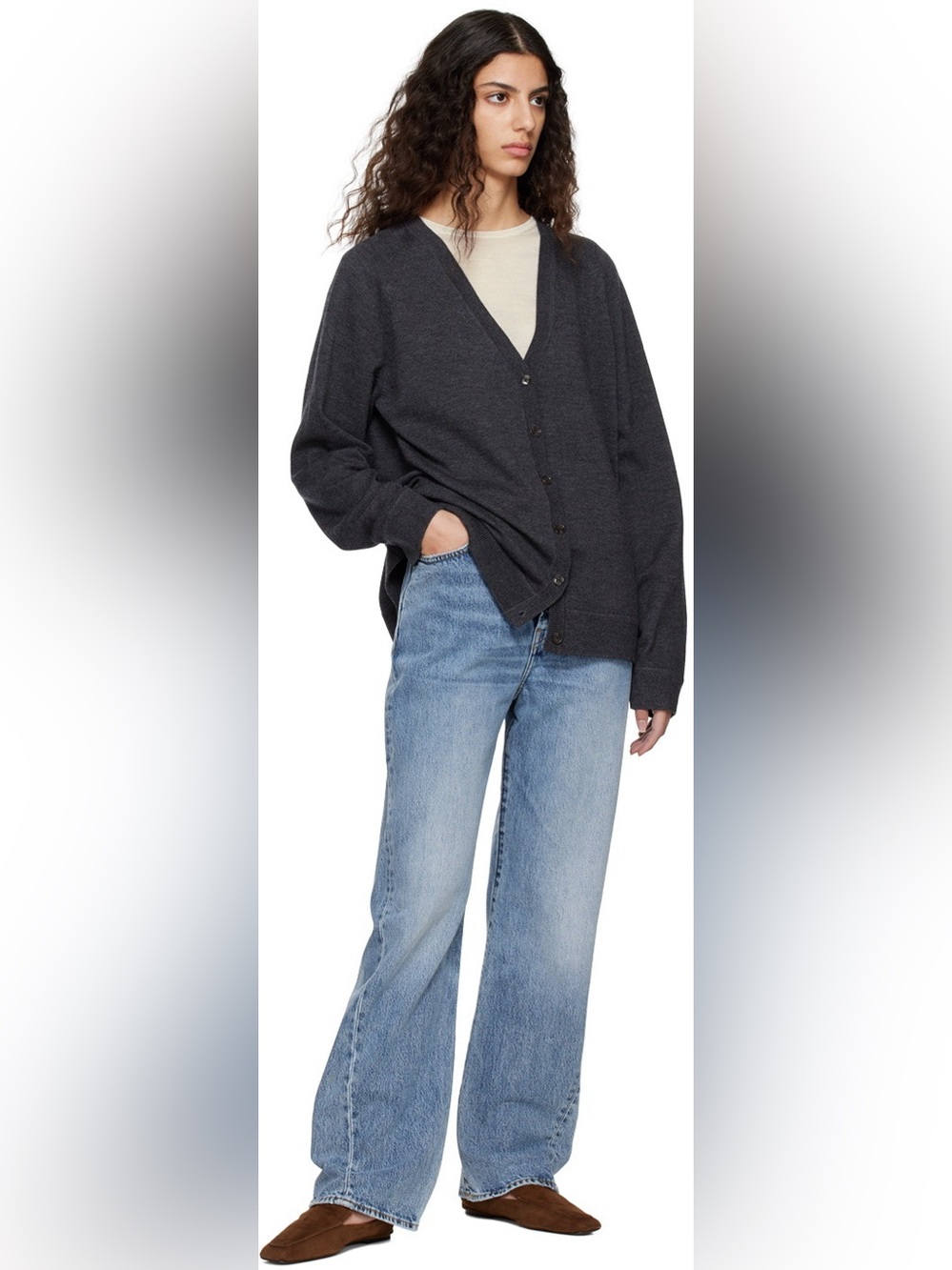 TOTEME Raglan-Sleeve Wool Cardigan in Charcoal Gray